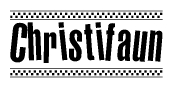 The image contains the text Christifaun in a bold, stylized font, with a checkered flag pattern bordering the top and bottom of the text.