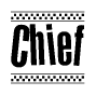 The image is a black and white clipart of the text Chief in a bold, italicized font. The text is bordered by a dotted line on the top and bottom, and there are checkered flags positioned at both ends of the text, usually associated with racing or finishing lines.