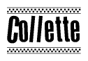 The image contains the text Collette in a bold, stylized font, with a checkered flag pattern bordering the top and bottom of the text.