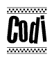 The clipart image displays the text Codi in a bold, stylized font. It is enclosed in a rectangular border with a checkerboard pattern running below and above the text, similar to a finish line in racing. 