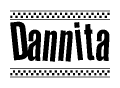 The image is a black and white clipart of the text Dannita in a bold, italicized font. The text is bordered by a dotted line on the top and bottom, and there are checkered flags positioned at both ends of the text, usually associated with racing or finishing lines.
