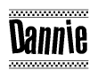 The image is a black and white clipart of the text Dannie in a bold, italicized font. The text is bordered by a dotted line on the top and bottom, and there are checkered flags positioned at both ends of the text, usually associated with racing or finishing lines.