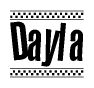 The image is a black and white clipart of the text Dayla in a bold, italicized font. The text is bordered by a dotted line on the top and bottom, and there are checkered flags positioned at both ends of the text, usually associated with racing or finishing lines.