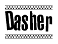 The image contains the text Dasher in a bold, stylized font, with a checkered flag pattern bordering the top and bottom of the text.