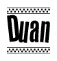 The clipart image displays the text Duan in a bold, stylized font. It is enclosed in a rectangular border with a checkerboard pattern running below and above the text, similar to a finish line in racing. 
