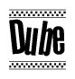 The clipart image displays the text Dube in a bold, stylized font. It is enclosed in a rectangular border with a checkerboard pattern running below and above the text, similar to a finish line in racing. 