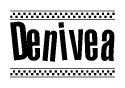 The image is a black and white clipart of the text Denivea in a bold, italicized font. The text is bordered by a dotted line on the top and bottom, and there are checkered flags positioned at both ends of the text, usually associated with racing or finishing lines.