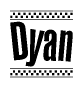 The clipart image displays the text Dyan in a bold, stylized font. It is enclosed in a rectangular border with a checkerboard pattern running below and above the text, similar to a finish line in racing. 