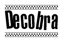 The image is a black and white clipart of the text Decobra in a bold, italicized font. The text is bordered by a dotted line on the top and bottom, and there are checkered flags positioned at both ends of the text, usually associated with racing or finishing lines.