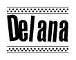 The image contains the text Delana in a bold, stylized font, with a checkered flag pattern bordering the top and bottom of the text.