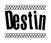 The image contains the text Destin in a bold, stylized font, with a checkered flag pattern bordering the top and bottom of the text.