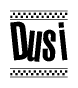 The image contains the text Dusi in a bold, stylized font, with a checkered flag pattern bordering the top and bottom of the text.