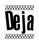 The image is a black and white clipart of the text Deja in a bold, italicized font. The text is bordered by a dotted line on the top and bottom, and there are checkered flags positioned at both ends of the text, usually associated with racing or finishing lines.