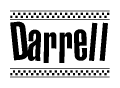 The image is a black and white clipart of the text Darrell in a bold, italicized font. The text is bordered by a dotted line on the top and bottom, and there are checkered flags positioned at both ends of the text, usually associated with racing or finishing lines.