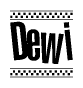 The image contains the text Dewi in a bold, stylized font, with a checkered flag pattern bordering the top and bottom of the text.