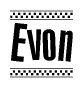 The image contains the text Evon in a bold, stylized font, with a checkered flag pattern bordering the top and bottom of the text.