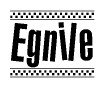 The image is a black and white clipart of the text Egnile in a bold, italicized font. The text is bordered by a dotted line on the top and bottom, and there are checkered flags positioned at both ends of the text, usually associated with racing or finishing lines.