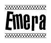 The clipart image displays the text Emera in a bold, stylized font. It is enclosed in a rectangular border with a checkerboard pattern running below and above the text, similar to a finish line in racing. 