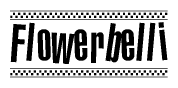 The clipart image displays the text Flowerbelli in a bold, stylized font. It is enclosed in a rectangular border with a checkerboard pattern running below and above the text, similar to a finish line in racing. 