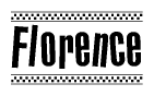 The clipart image displays the text Florence in a bold, stylized font. It is enclosed in a rectangular border with a checkerboard pattern running below and above the text, similar to a finish line in racing. 