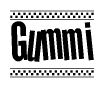The image is a black and white clipart of the text Gummi in a bold, italicized font. The text is bordered by a dotted line on the top and bottom, and there are checkered flags positioned at both ends of the text, usually associated with racing or finishing lines.