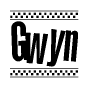 The image contains the text Gwyn in a bold, stylized font, with a checkered flag pattern bordering the top and bottom of the text.