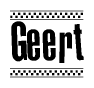   The image contains the text Geert in a bold, stylized font, with a checkered flag pattern bordering the top and bottom of the text. 