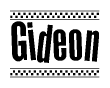 The image contains the text Gideon in a bold, stylized font, with a checkered flag pattern bordering the top and bottom of the text.