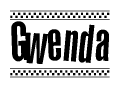 The image is a black and white clipart of the text Gwenda in a bold, italicized font. The text is bordered by a dotted line on the top and bottom, and there are checkered flags positioned at both ends of the text, usually associated with racing or finishing lines.