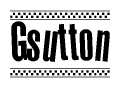 The image is a black and white clipart of the text Gsutton in a bold, italicized font. The text is bordered by a dotted line on the top and bottom, and there are checkered flags positioned at both ends of the text, usually associated with racing or finishing lines.