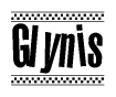 The clipart image displays the text Glynis in a bold, stylized font. It is enclosed in a rectangular border with a checkerboard pattern running below and above the text, similar to a finish line in racing. 