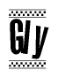 The image is a black and white clipart of the text Gly in a bold, italicized font. The text is bordered by a dotted line on the top and bottom, and there are checkered flags positioned at both ends of the text, usually associated with racing or finishing lines.
