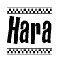 The clipart image displays the text Hara in a bold, stylized font. It is enclosed in a rectangular border with a checkerboard pattern running below and above the text, similar to a finish line in racing. 