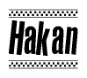 The image contains the text Hakan in a bold, stylized font, with a checkered flag pattern bordering the top and bottom of the text.