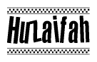 The image is a black and white clipart of the text Huzaifah in a bold, italicized font. The text is bordered by a dotted line on the top and bottom, and there are checkered flags positioned at both ends of the text, usually associated with racing or finishing lines.