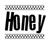 The image contains the text Honey in a bold, stylized font, with a checkered flag pattern bordering the top and bottom of the text.