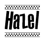 The image contains the text Hazel in a bold, stylized font, with a checkered flag pattern bordering the top and bottom of the text.