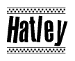 The image contains the text Hatley in a bold, stylized font, with a checkered flag pattern bordering the top and bottom of the text.