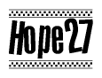 The image contains the text Hope27 in a bold, stylized font, with a checkered flag pattern bordering the top and bottom of the text.