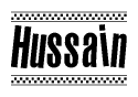 The clipart image displays the text Hussain in a bold, stylized font. It is enclosed in a rectangular border with a checkerboard pattern running below and above the text, similar to a finish line in racing. 