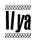 The image is a black and white clipart of the text Ilya in a bold, italicized font. The text is bordered by a dotted line on the top and bottom, and there are checkered flags positioned at both ends of the text, usually associated with racing or finishing lines.
