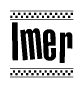 The image is a black and white clipart of the text Imer in a bold, italicized font. The text is bordered by a dotted line on the top and bottom, and there are checkered flags positioned at both ends of the text, usually associated with racing or finishing lines.