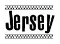 The clipart image displays the text Jersey in a bold, stylized font. It is enclosed in a rectangular border with a checkerboard pattern running below and above the text, similar to a finish line in racing. 