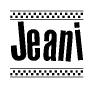 The clipart image displays the text Jeani in a bold, stylized font. It is enclosed in a rectangular border with a checkerboard pattern running below and above the text, similar to a finish line in racing. 