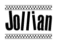 The clipart image displays the text Jollian in a bold, stylized font. It is enclosed in a rectangular border with a checkerboard pattern running below and above the text, similar to a finish line in racing. 