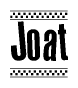 The image is a black and white clipart of the text Joat in a bold, italicized font. The text is bordered by a dotted line on the top and bottom, and there are checkered flags positioned at both ends of the text, usually associated with racing or finishing lines.