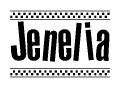 The image contains the text Jenelia in a bold, stylized font, with a checkered flag pattern bordering the top and bottom of the text.