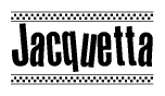 The image contains the text Jacquetta in a bold, stylized font, with a checkered flag pattern bordering the top and bottom of the text.