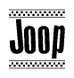 The image contains the text Joop in a bold, stylized font, with a checkered flag pattern bordering the top and bottom of the text.