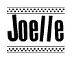 The image contains the text Joelle in a bold, stylized font, with a checkered flag pattern bordering the top and bottom of the text.